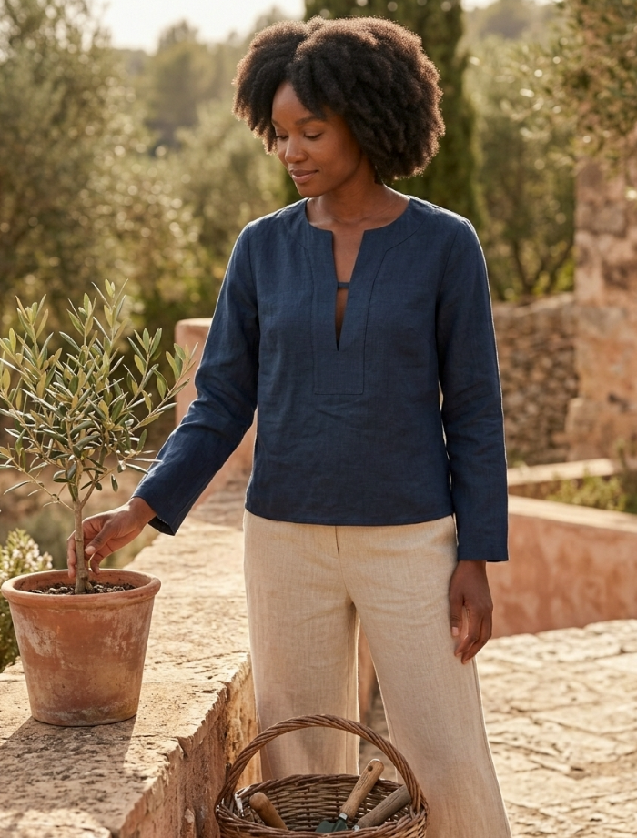 Linen Blouse – V-Neck, Long Sleeve
