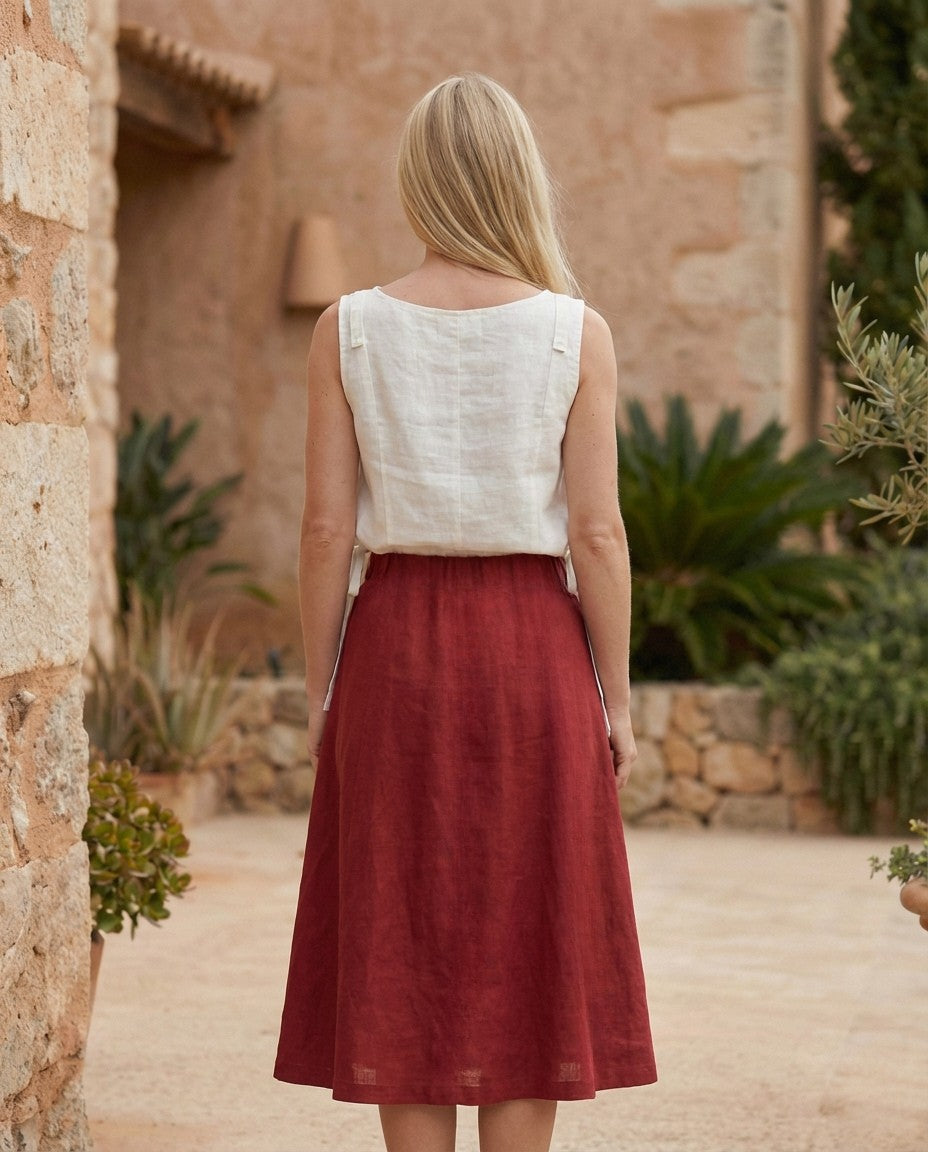 Side Lace-Up Linen Midi Skirt