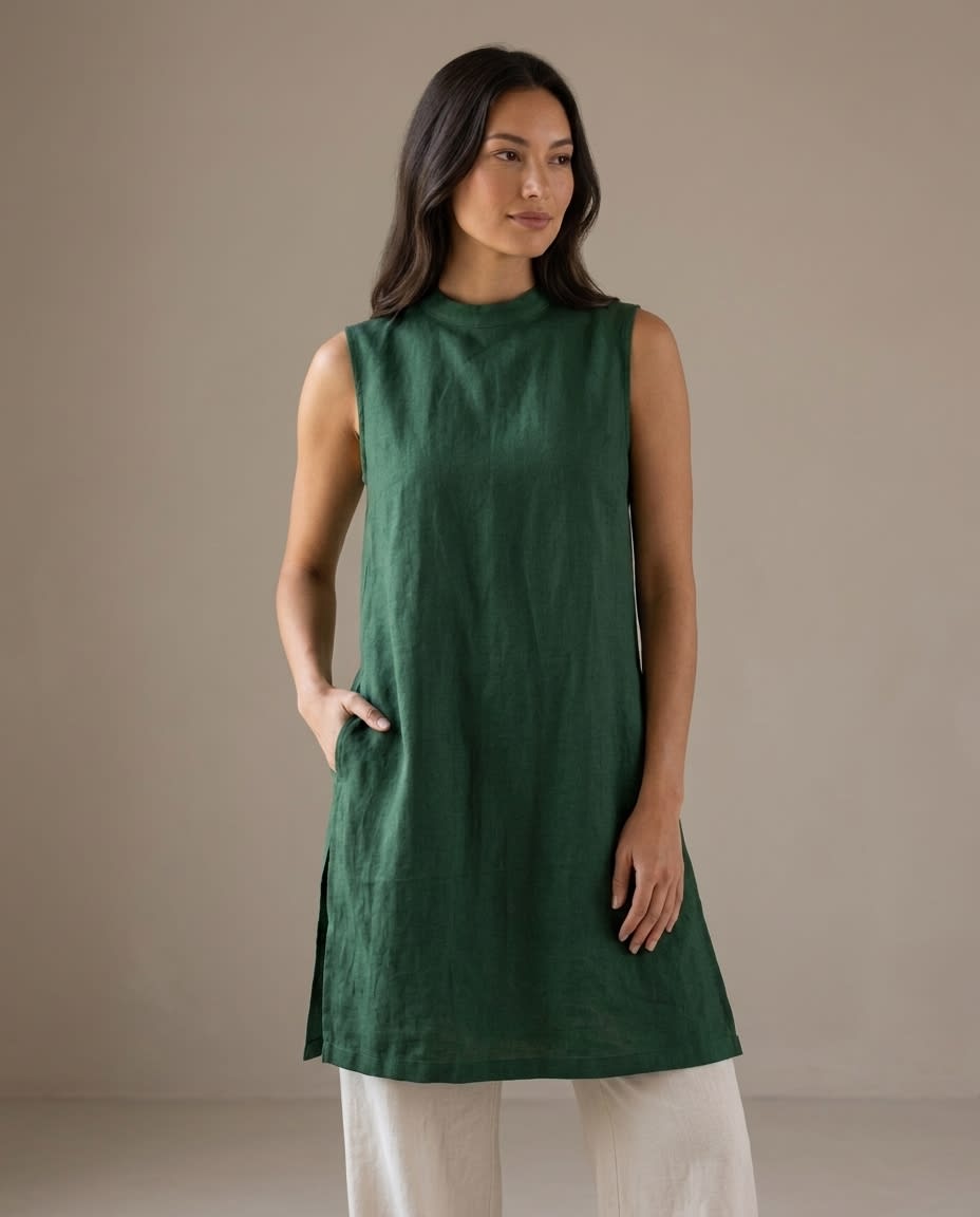 Sleeveless Mock Neck Linen Shift Dress