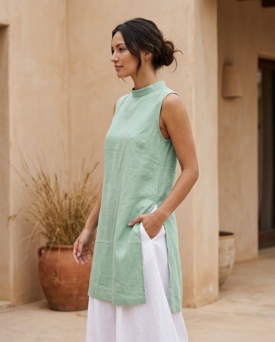 Sleeveless Mock Neck Linen Shift Dress