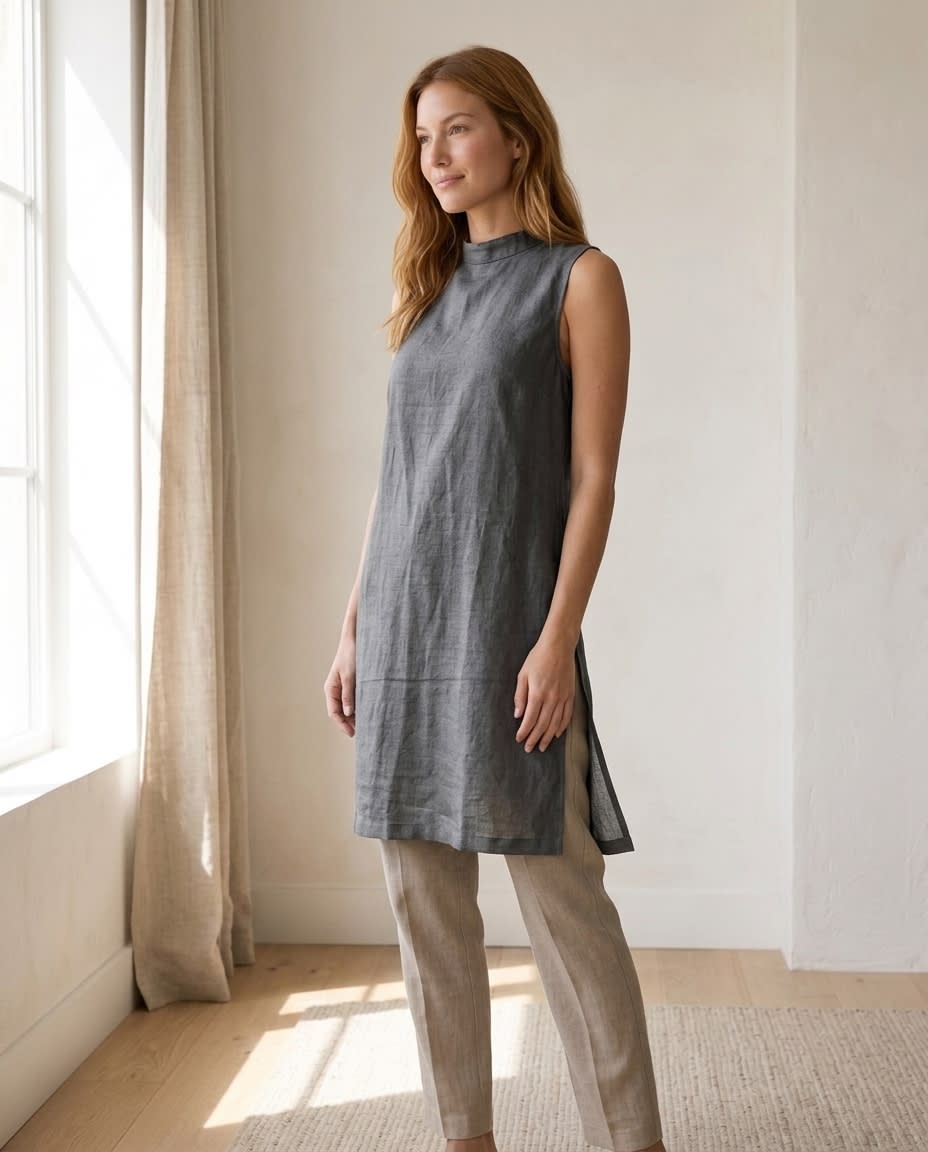 Sleeveless Mock Neck Linen Shift Dress