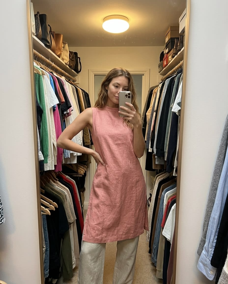 Sleeveless Mock Neck Linen Shift Dress