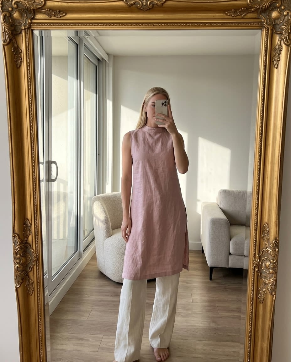 Sleeveless Mock Neck Linen Shift Dress