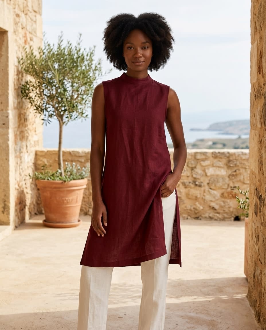 Sleeveless Mock Neck Linen Shift Dress