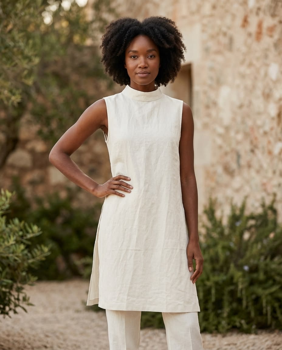 Sleeveless Mock Neck Linen Shift Dress