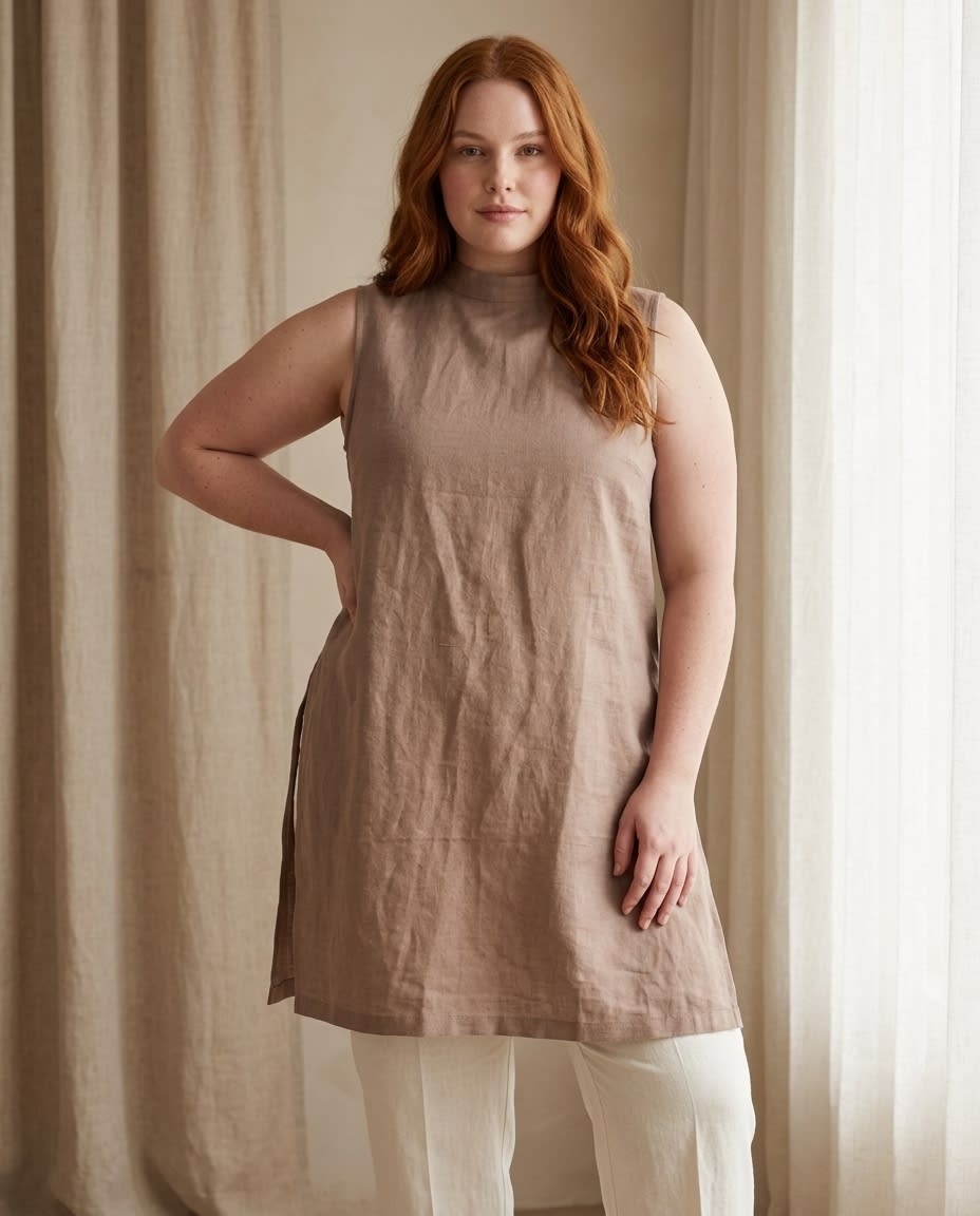 Sleeveless Mock Neck Linen Shift Dress