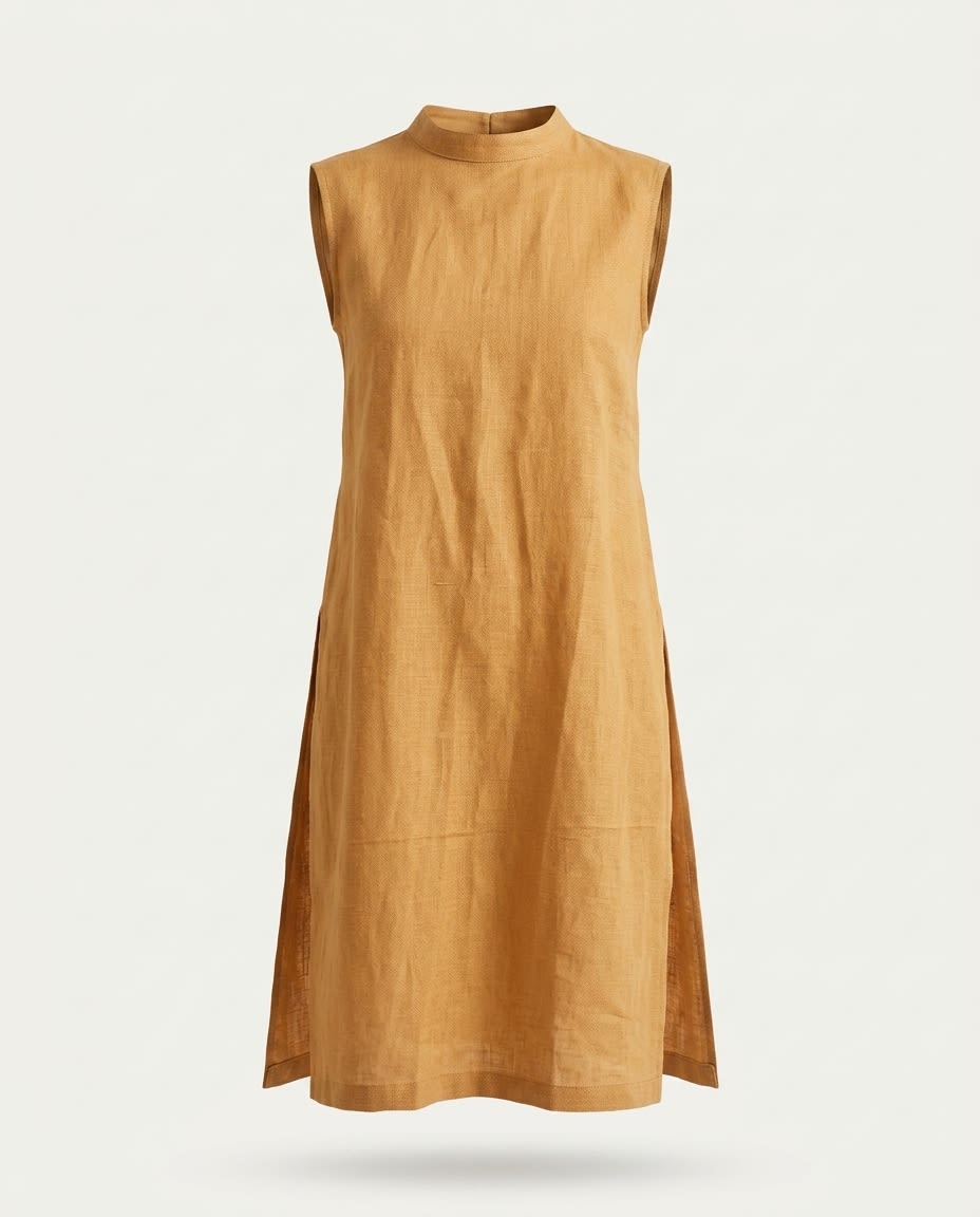 Sleeveless Mock Neck Linen Shift Dress