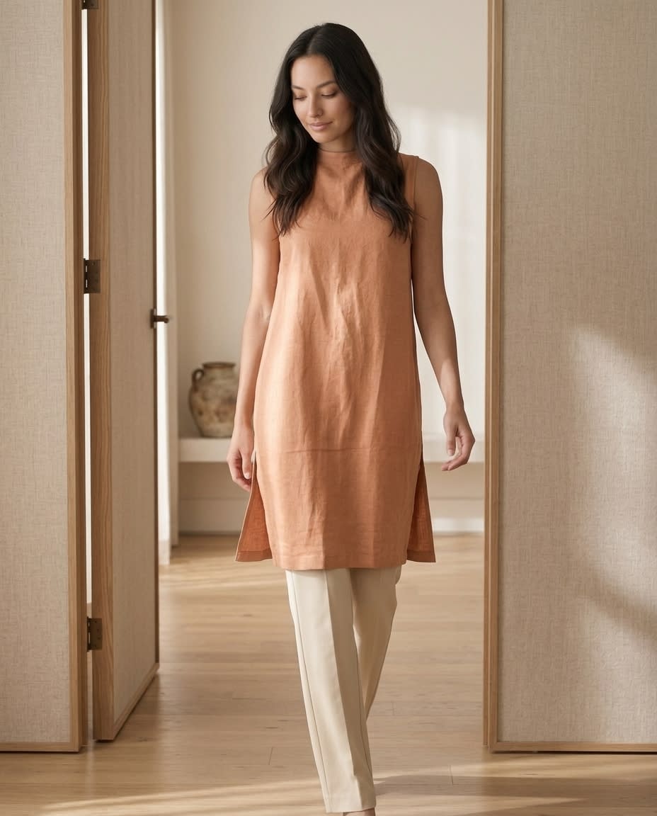 Sleeveless Mock Neck Linen Shift Dress