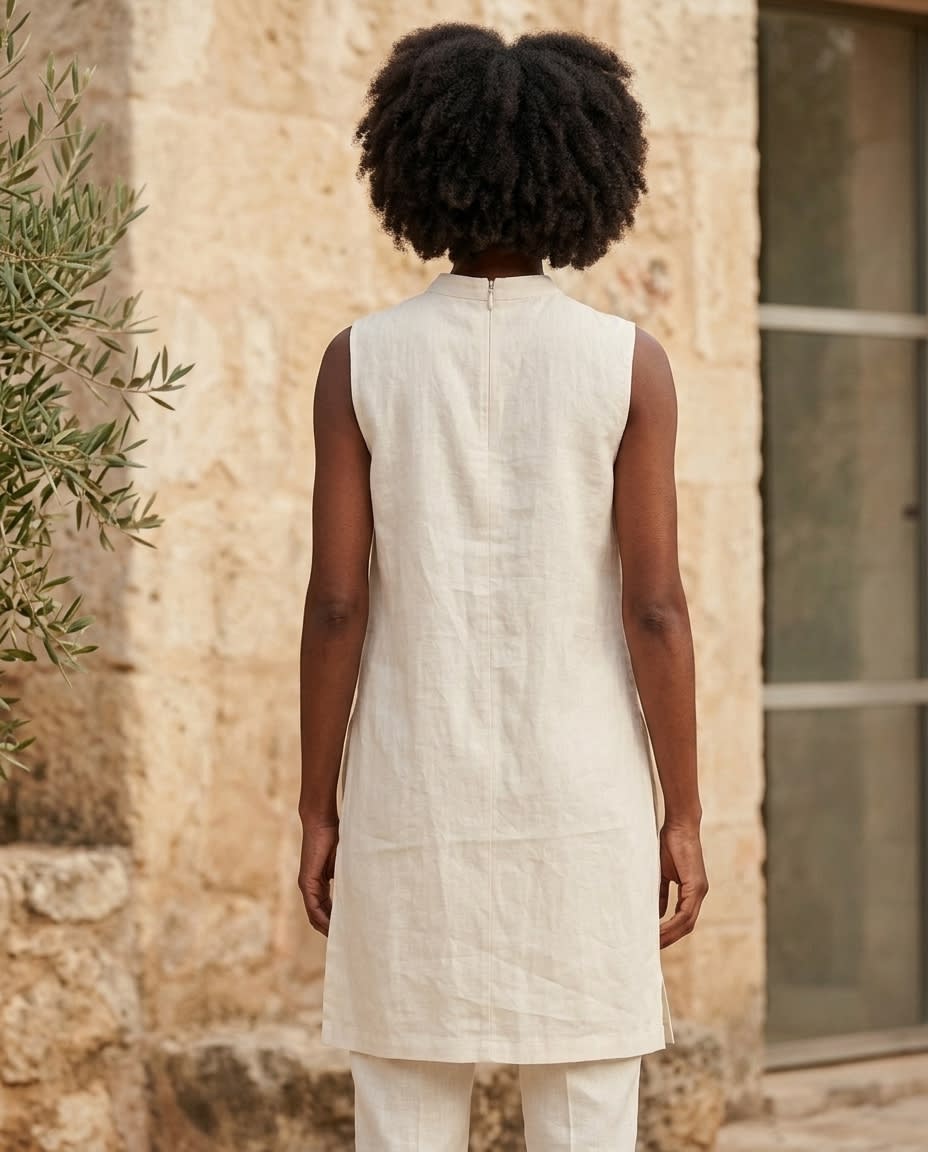Sleeveless Mock Neck Linen Shift Dress
