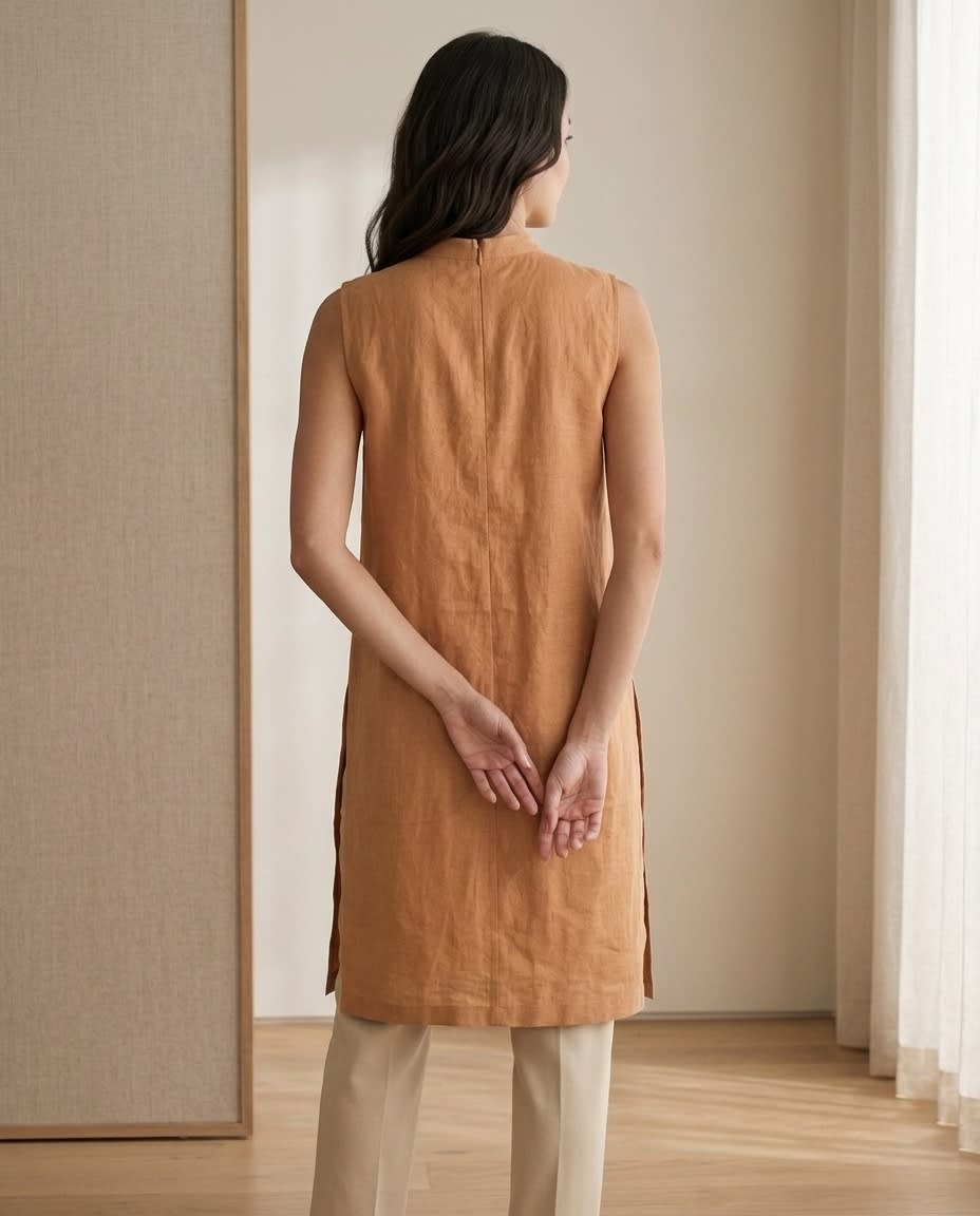 Sleeveless Mock Neck Linen Shift Dress
