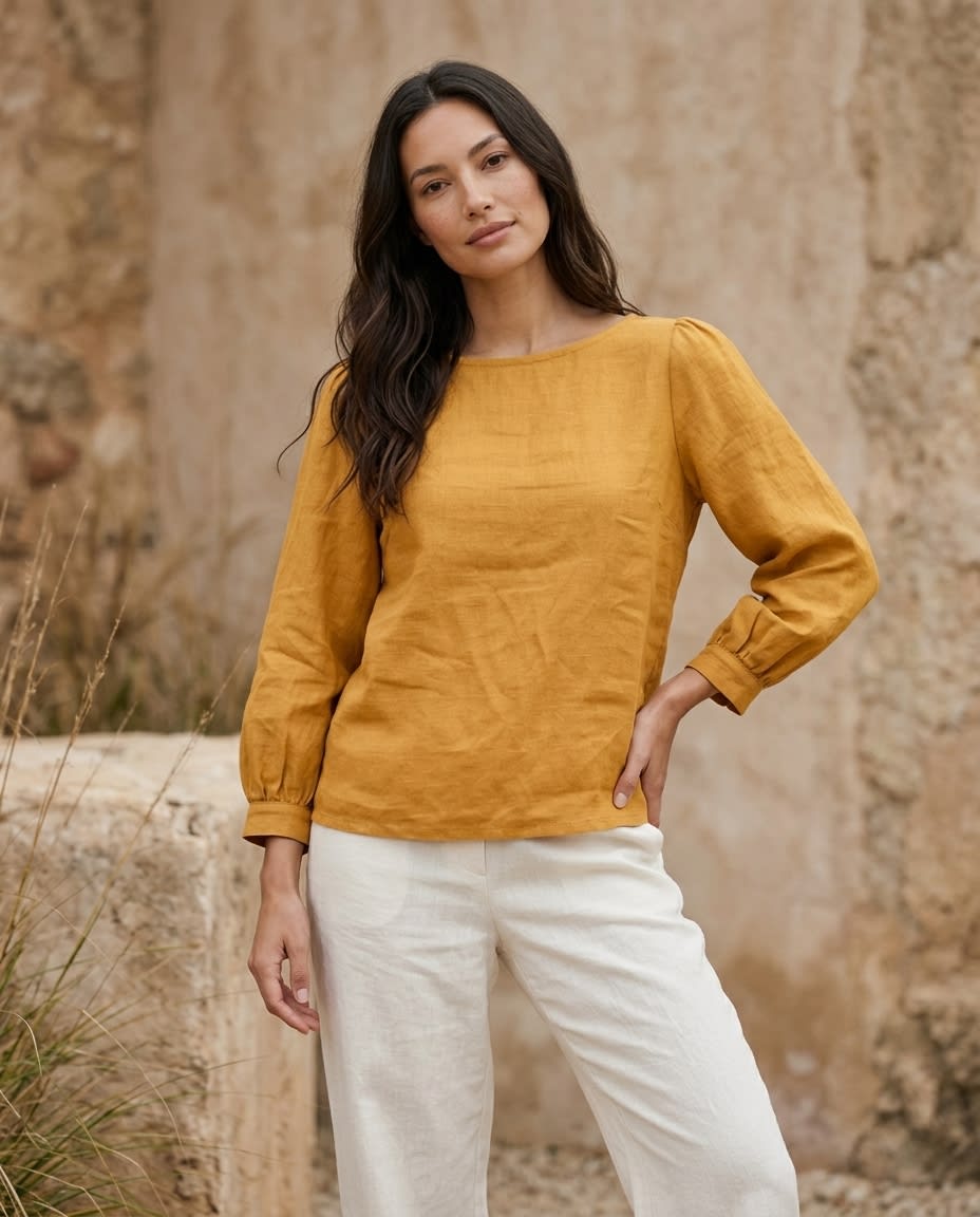 Boat Neck Puff Sleeve Linen Blouse