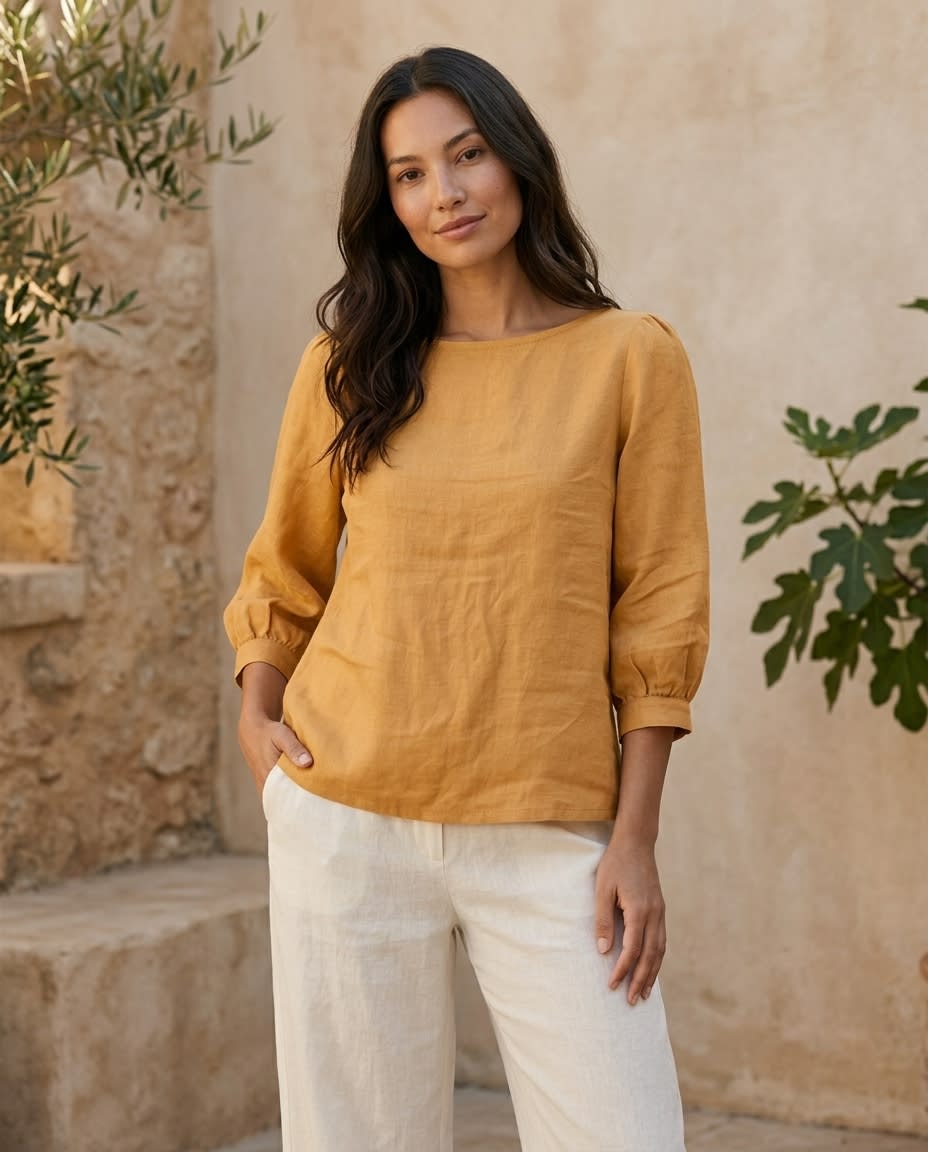 Boat Neck Puff Sleeve Linen Blouse
