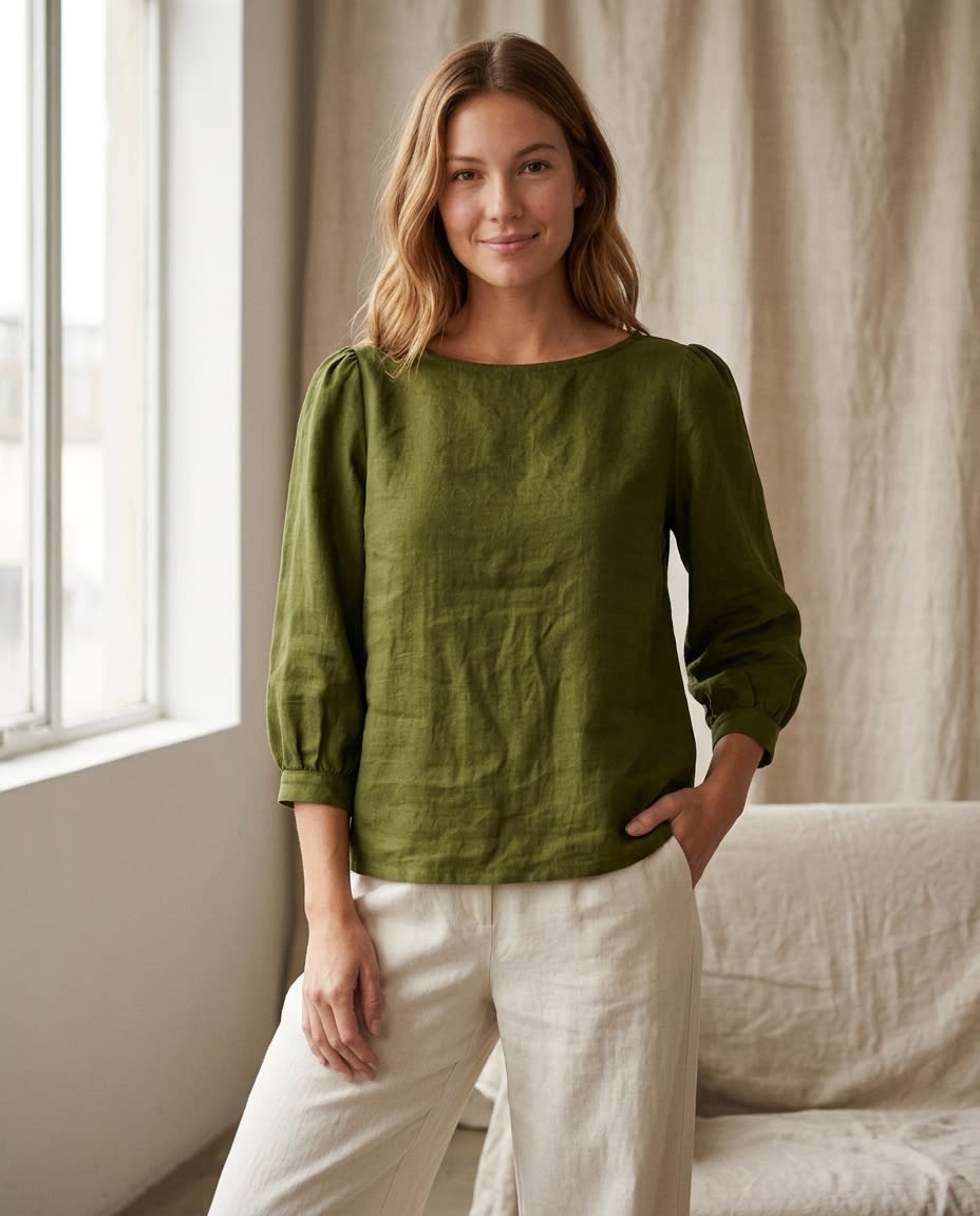 Boat Neck Puff Sleeve Linen Blouse