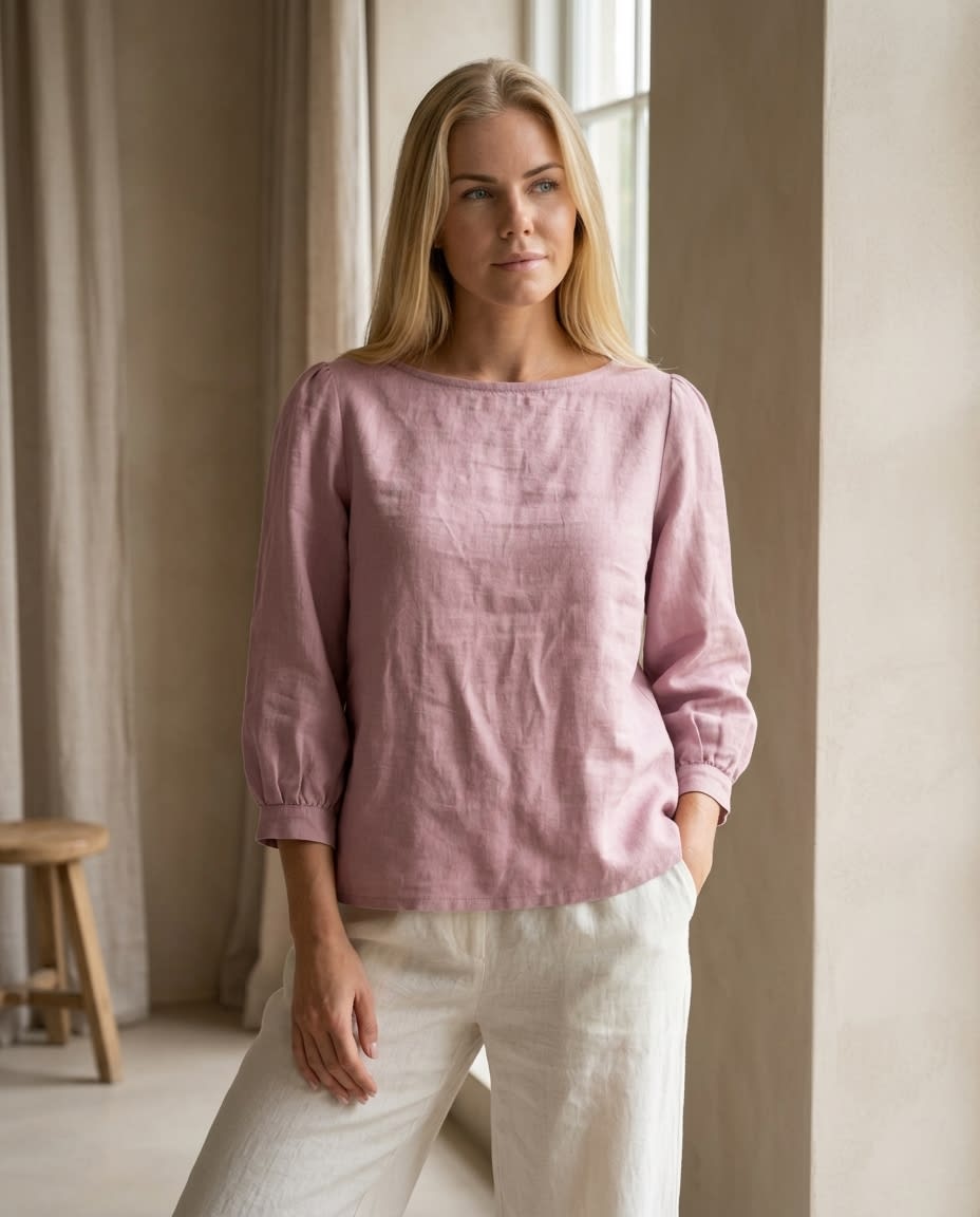 Boat Neck Puff Sleeve Linen Blouse