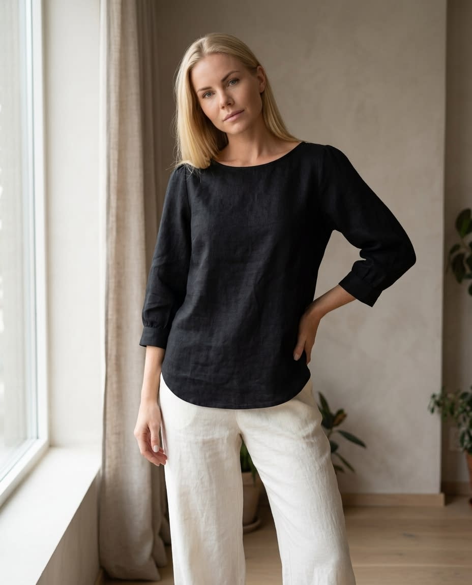 Boat Neck Puff Sleeve Linen Blouse