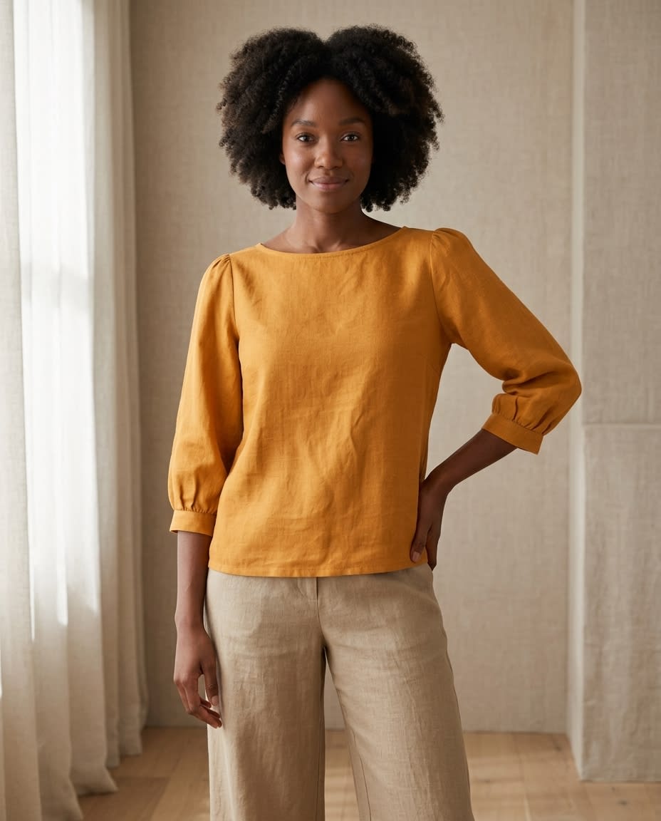 Boat Neck Puff Sleeve Linen Blouse