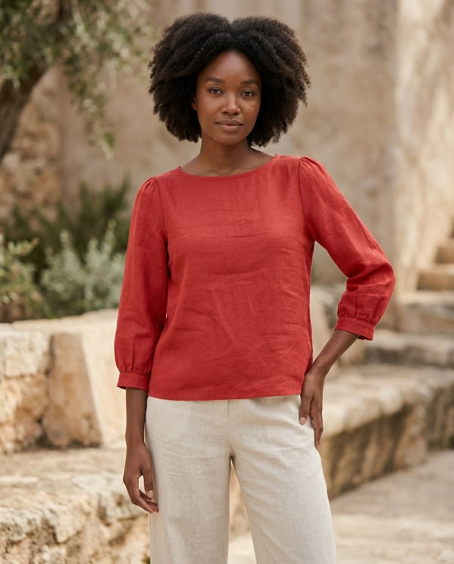 Boat Neck Puff Sleeve Linen Blouse
