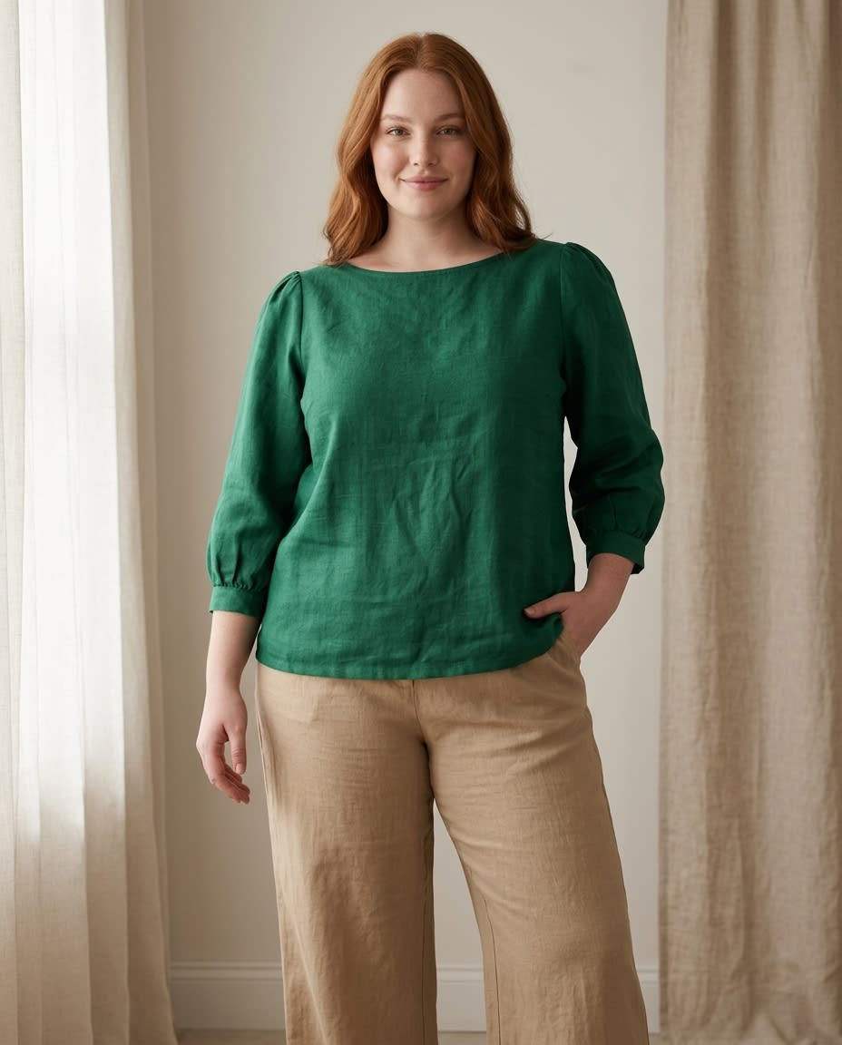 Boat Neck Puff Sleeve Linen Blouse