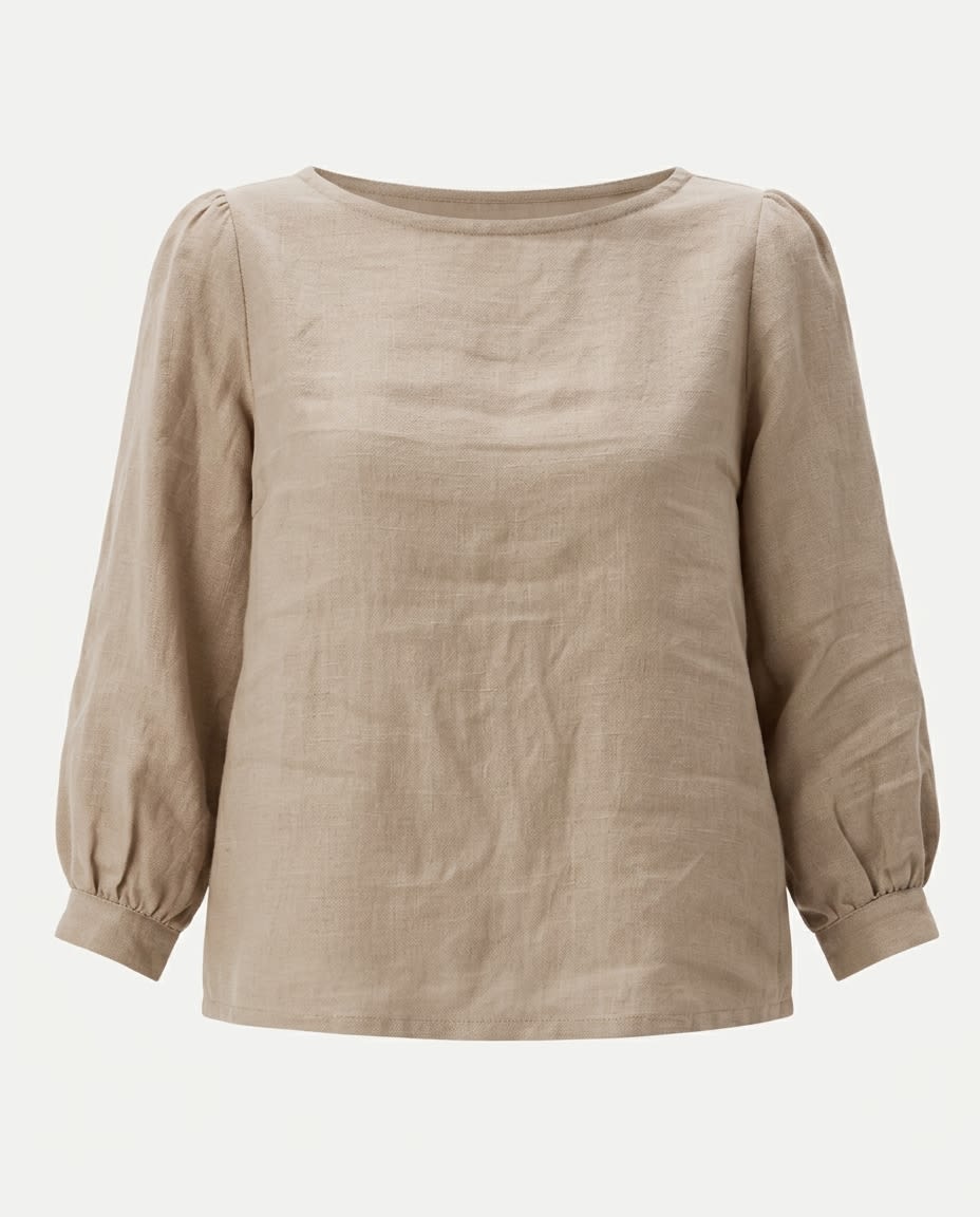 Boat Neck Puff Sleeve Linen Blouse