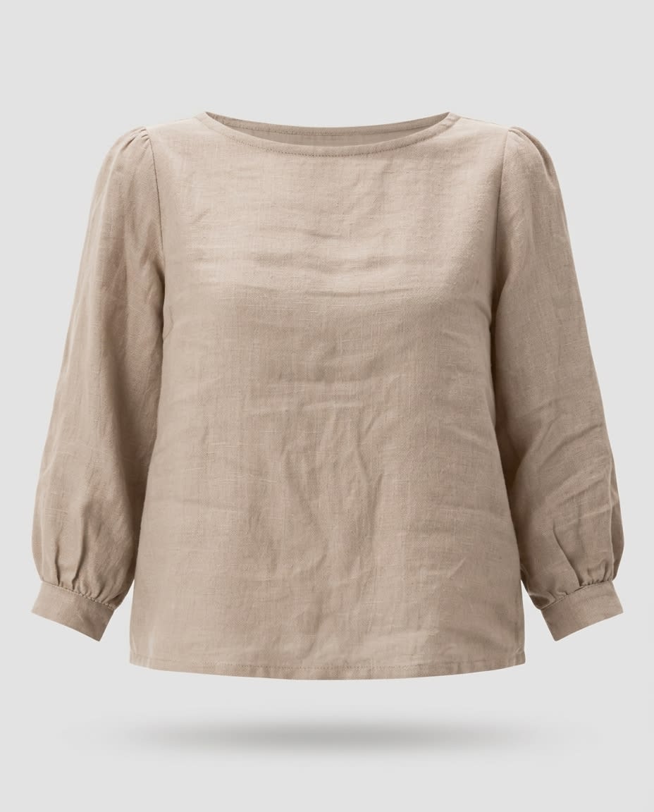 Boat Neck Puff Sleeve Linen Blouse