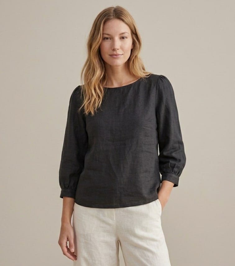 Boat Neck Puff Sleeve Linen Blouse