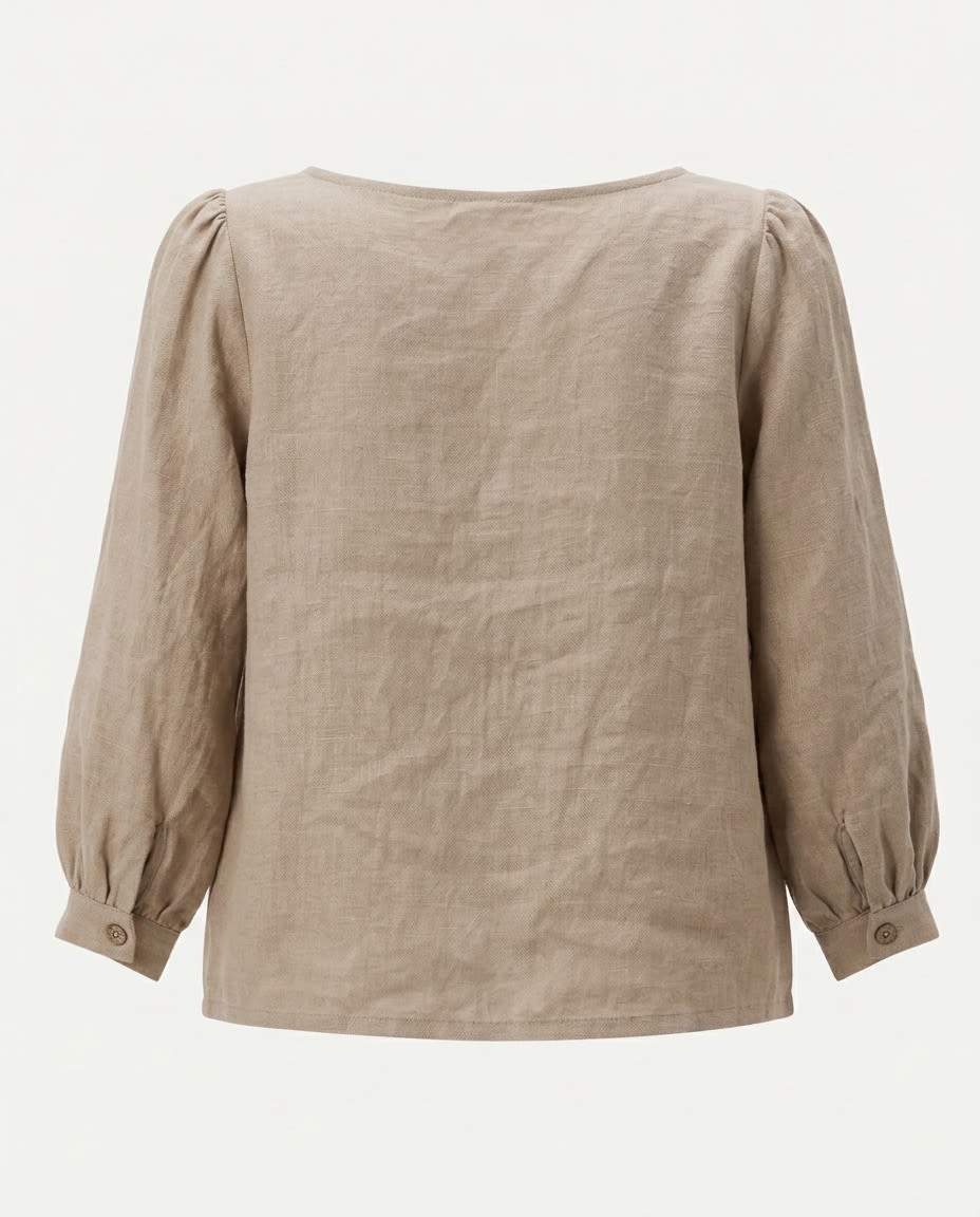 Boat Neck Puff Sleeve Linen Blouse