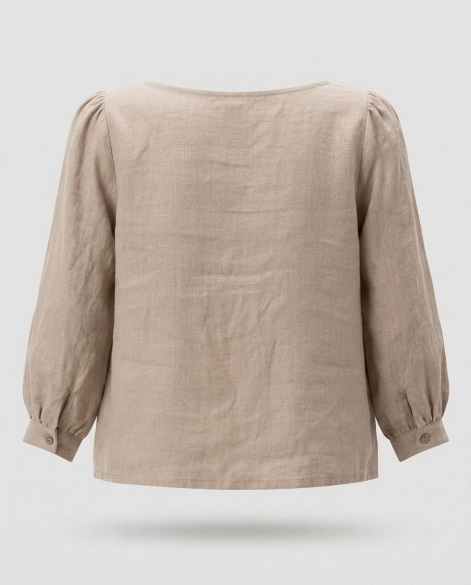 Boat Neck Puff Sleeve Linen Blouse