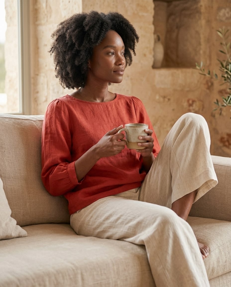 Boat Neck Puff Sleeve Linen Blouse