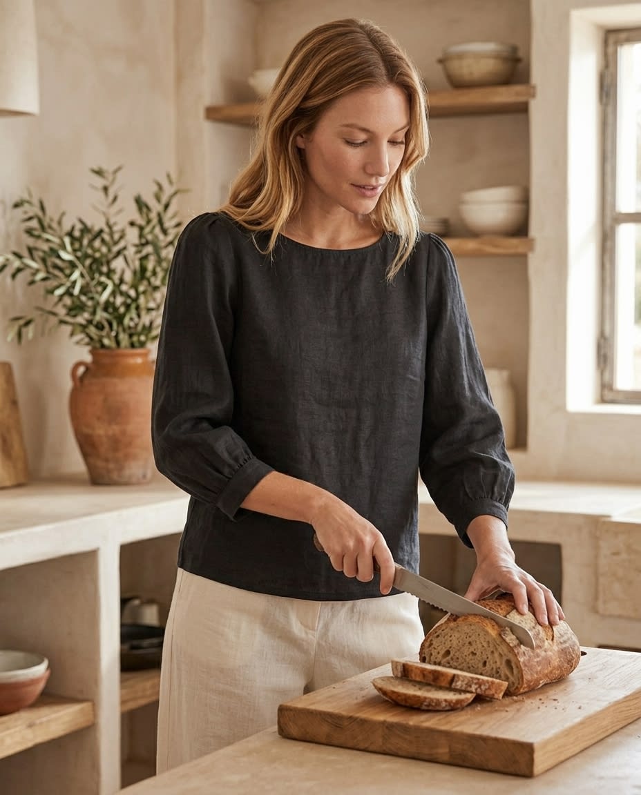 Boat Neck Puff Sleeve Linen Blouse