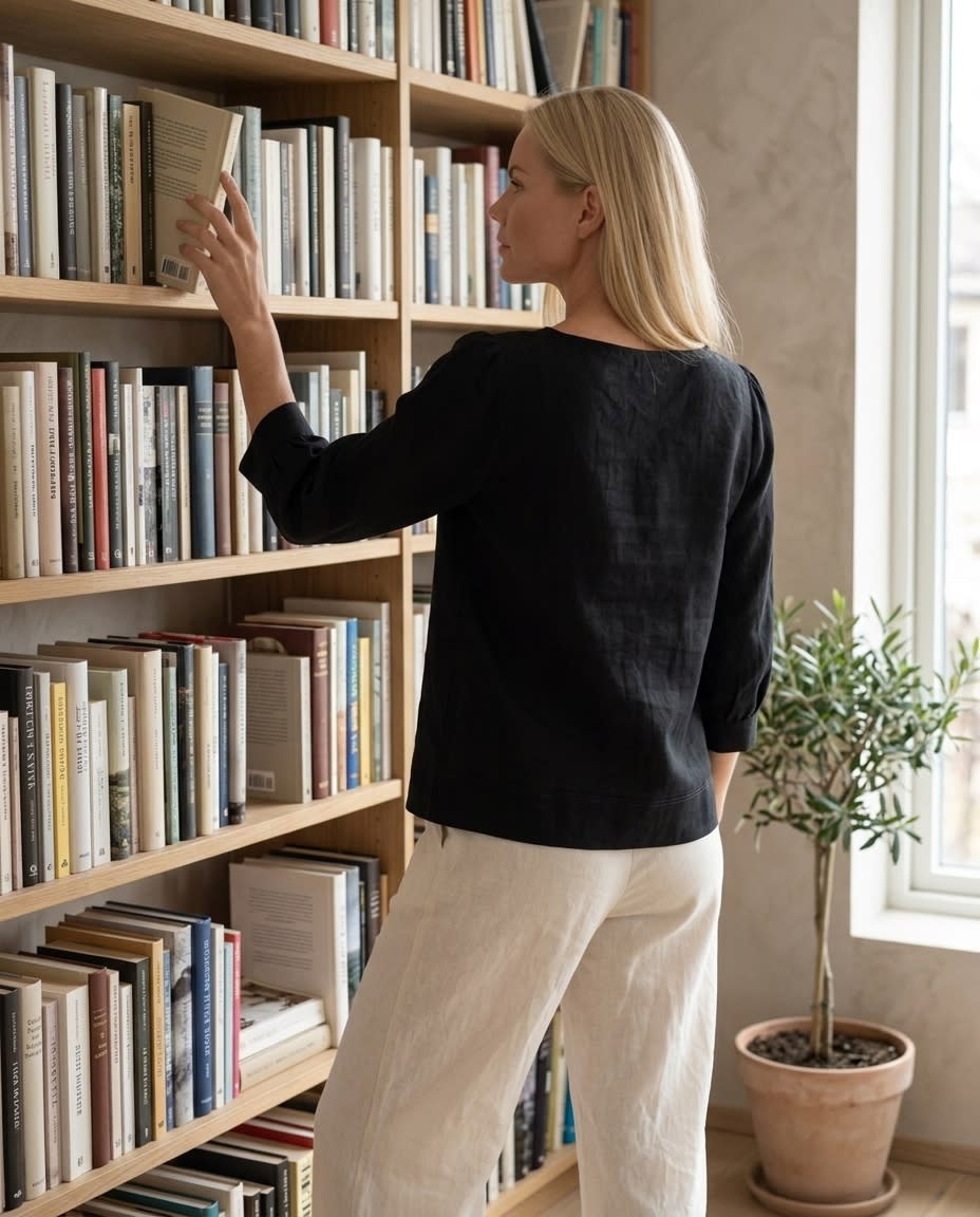 Boat Neck Puff Sleeve Linen Blouse