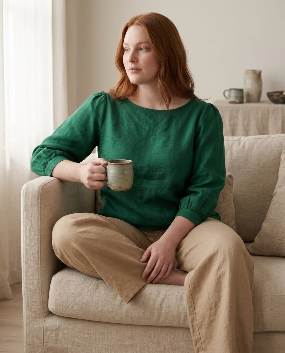 Boat Neck Puff Sleeve Linen Blouse