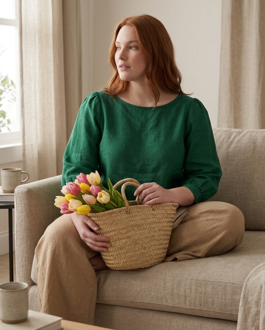 Boat Neck Puff Sleeve Linen Blouse