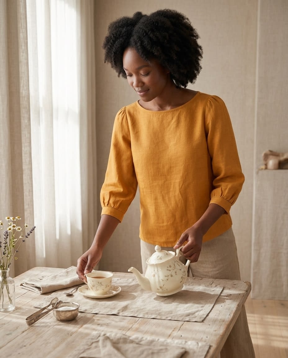 Boat Neck Puff Sleeve Linen Blouse
