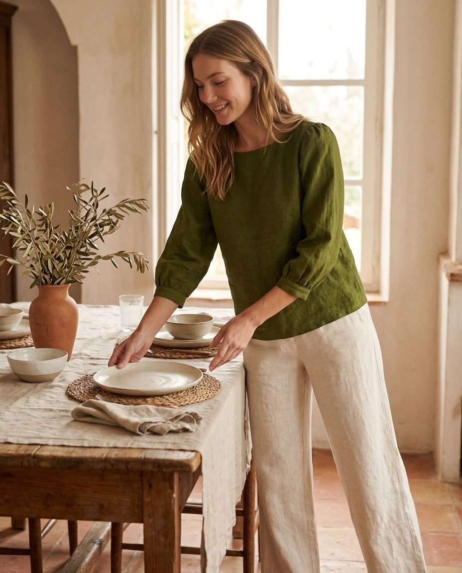 Boat Neck Puff Sleeve Linen Blouse