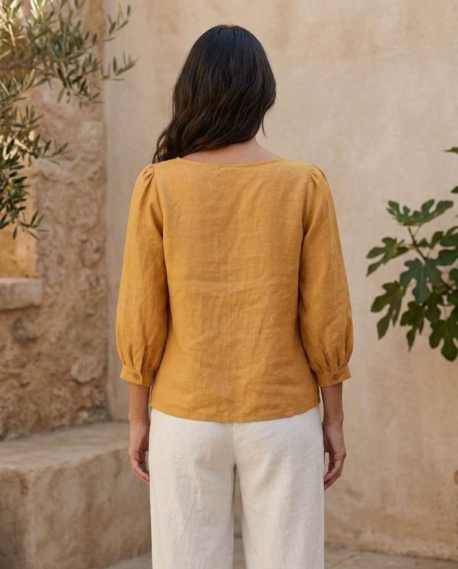 Boat Neck Puff Sleeve Linen Blouse