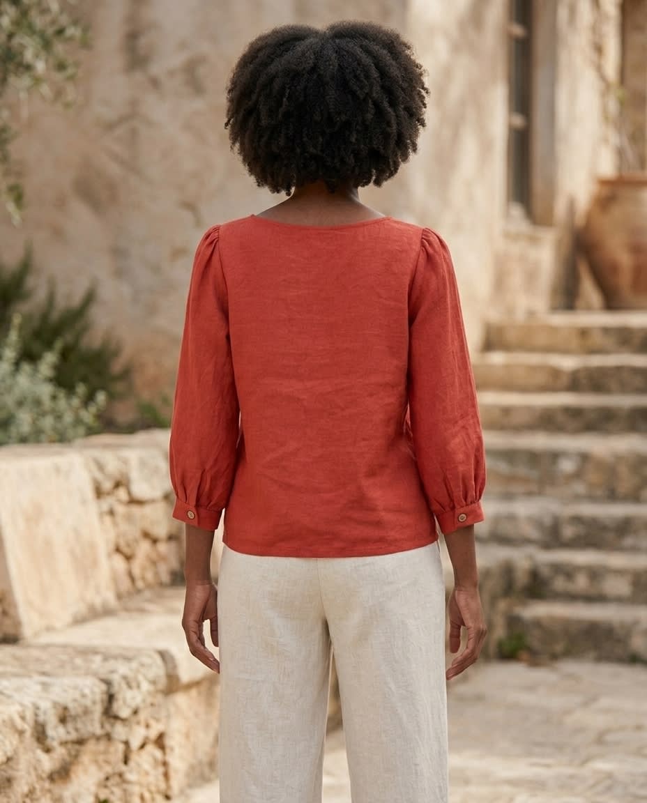 Boat Neck Puff Sleeve Linen Blouse