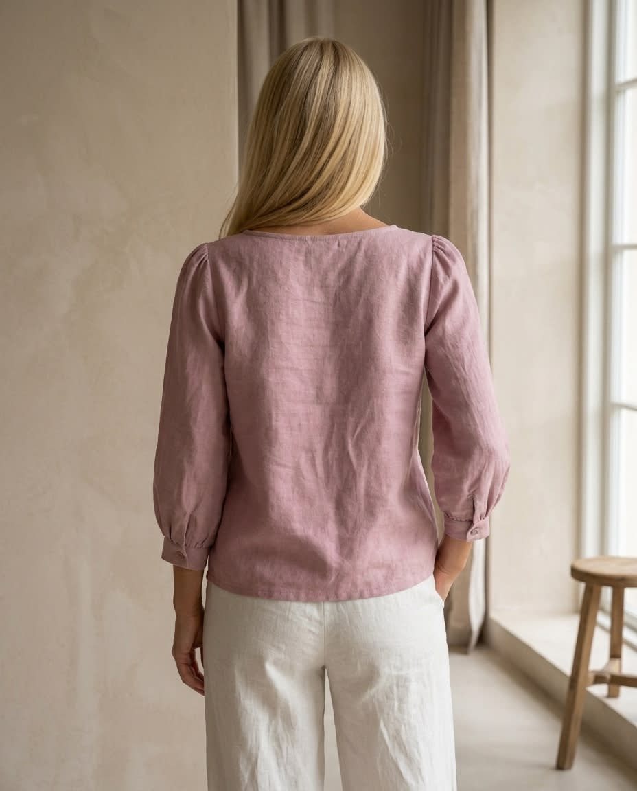 Boat Neck Puff Sleeve Linen Blouse