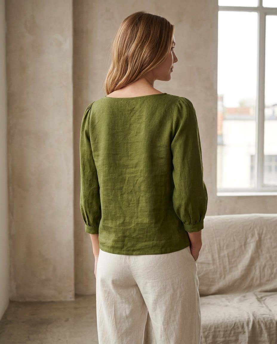 Boat Neck Puff Sleeve Linen Blouse