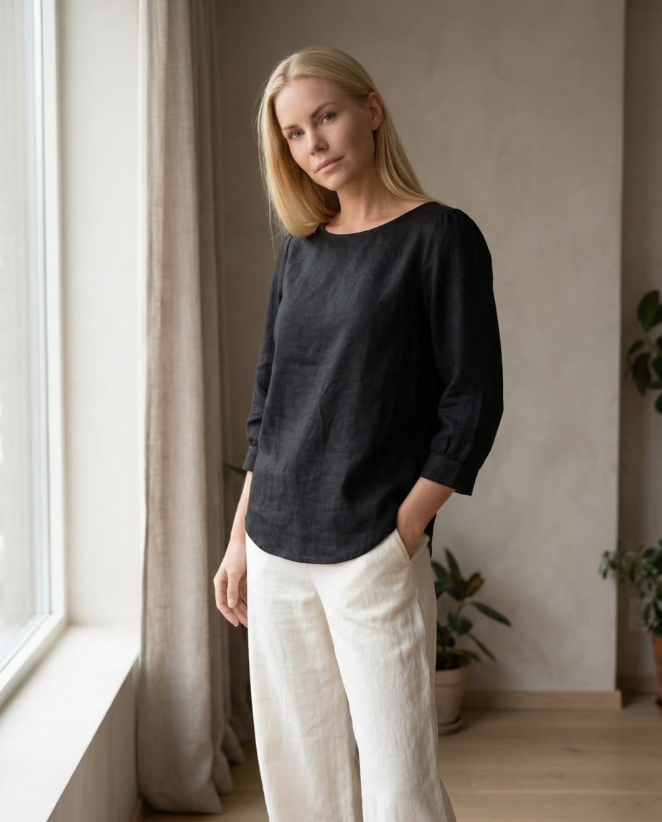 Boat Neck Puff Sleeve Linen Blouse