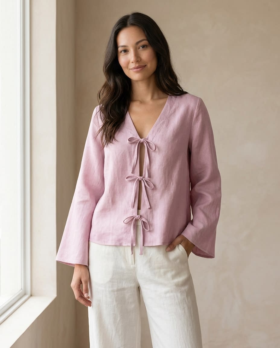 Tie-Front Linen Blouse with Flared Sleeves