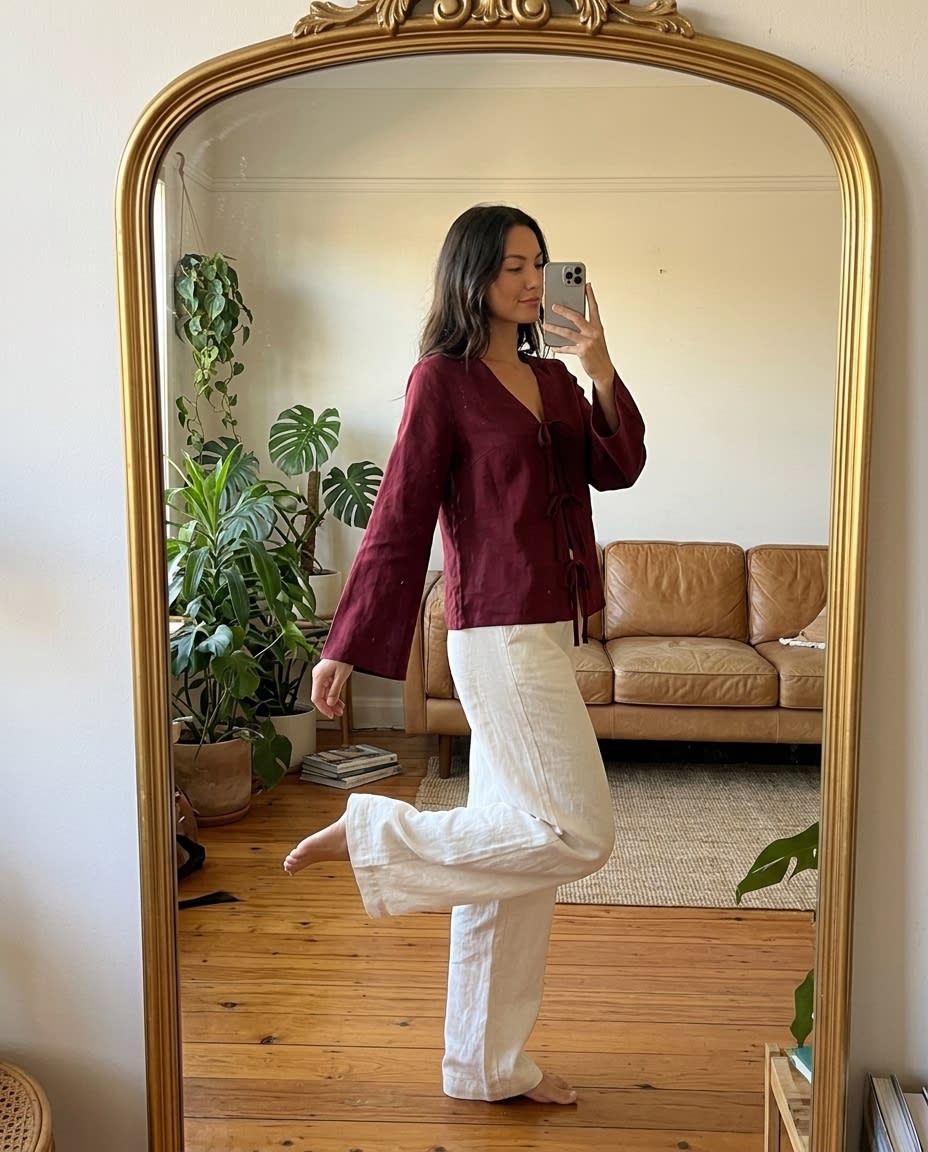 Tie-Front Linen Blouse with Flared Sleeves