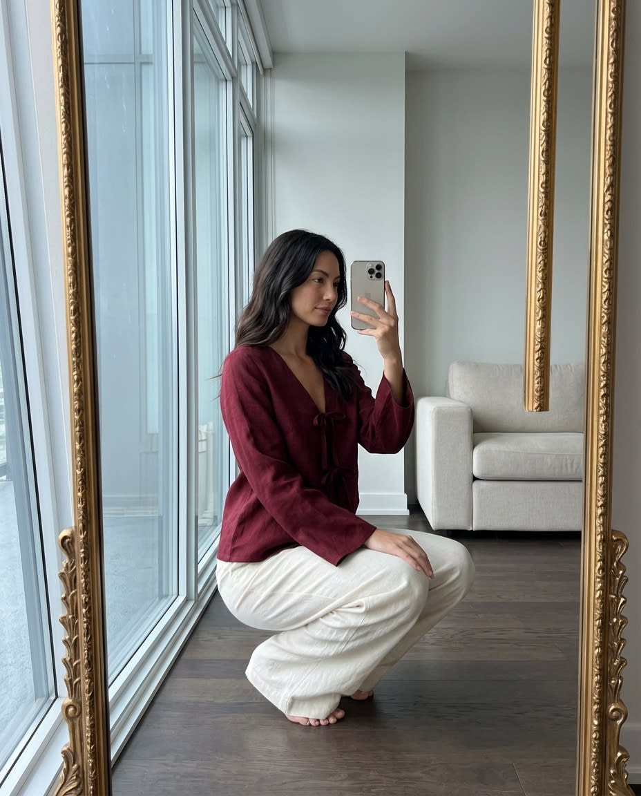Tie-Front Linen Blouse with Flared Sleeves