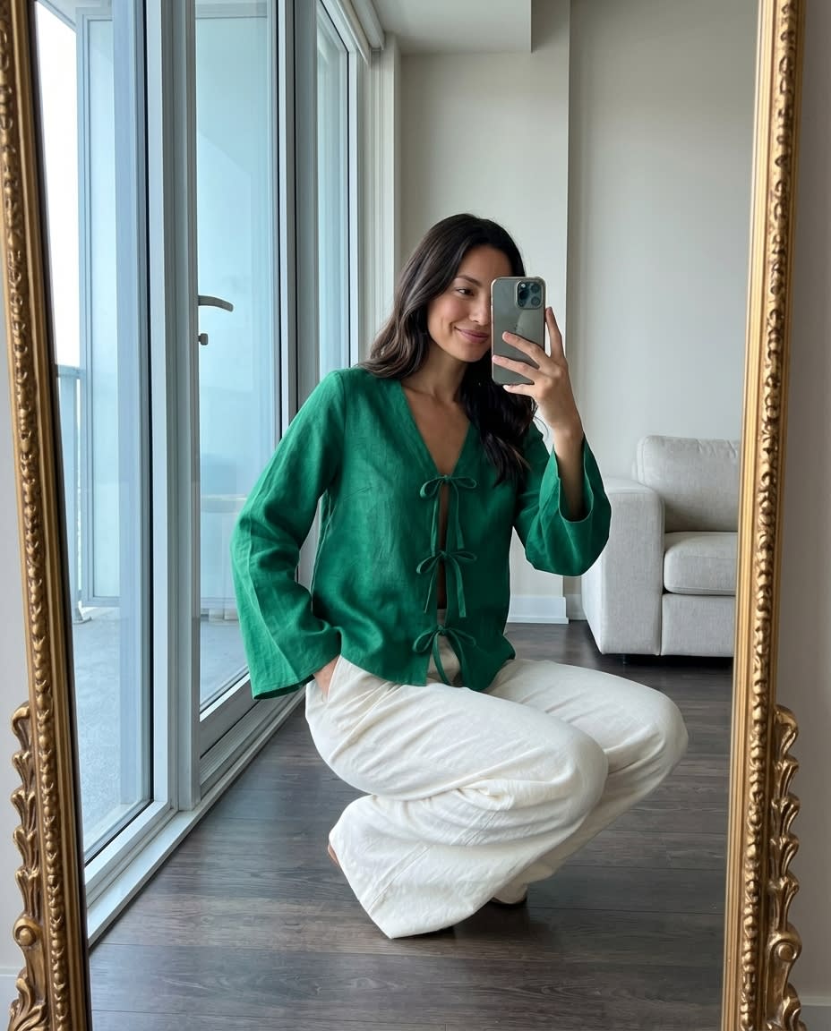 Tie-Front Linen Blouse with Flared Sleeves