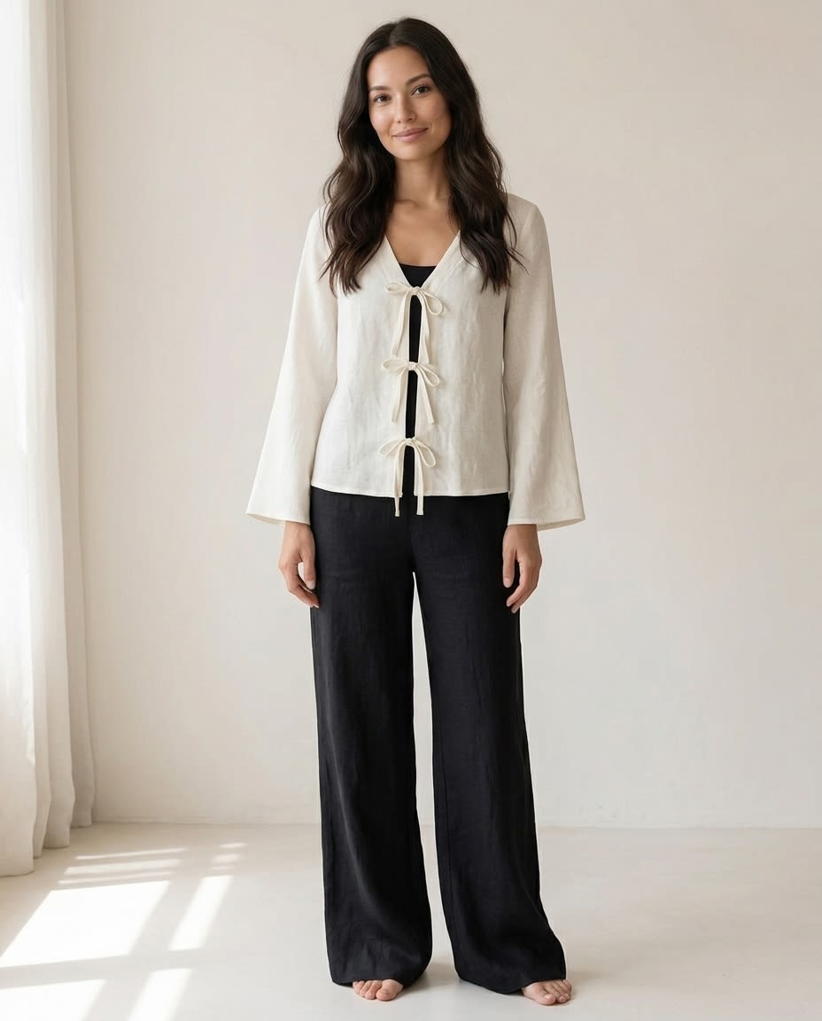 Tie-Front Linen Blouse with Flared Sleeves