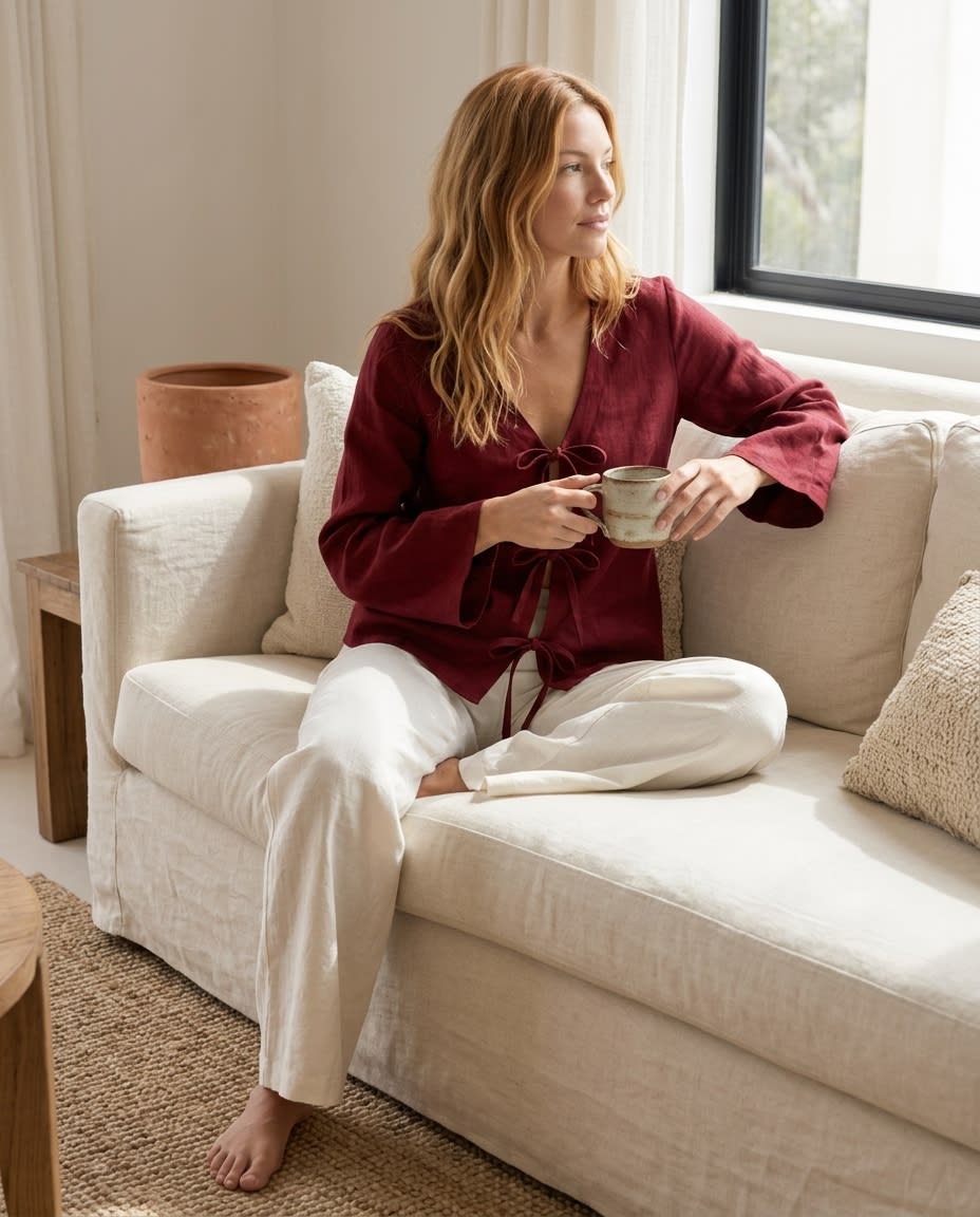 Tie-Front Linen Blouse with Flared Sleeves