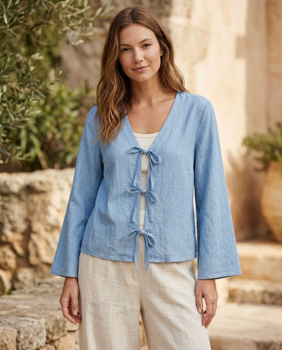 Tie-Front Linen Blouse with Flared Sleeves