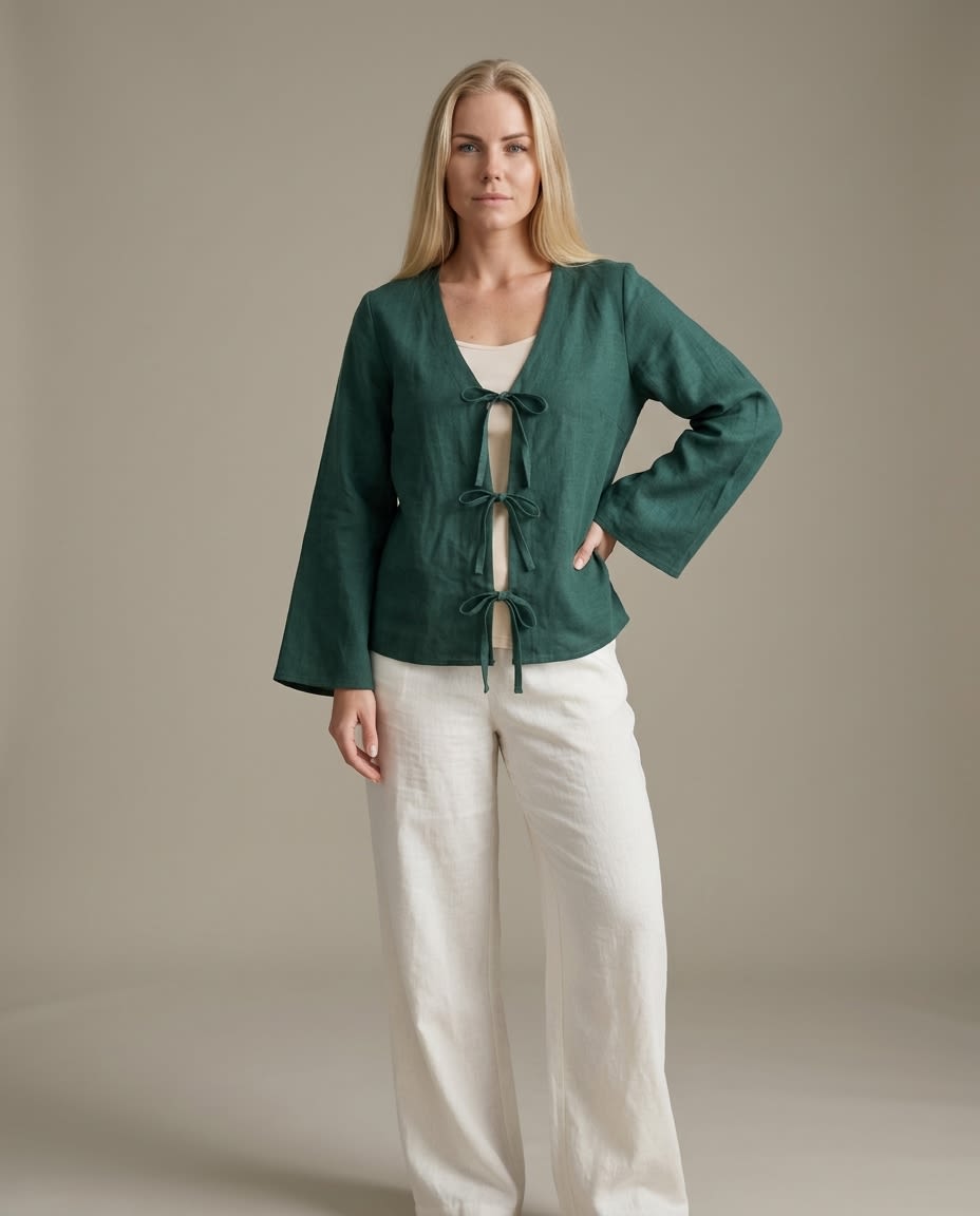 Tie-Front Linen Blouse with Flared Sleeves