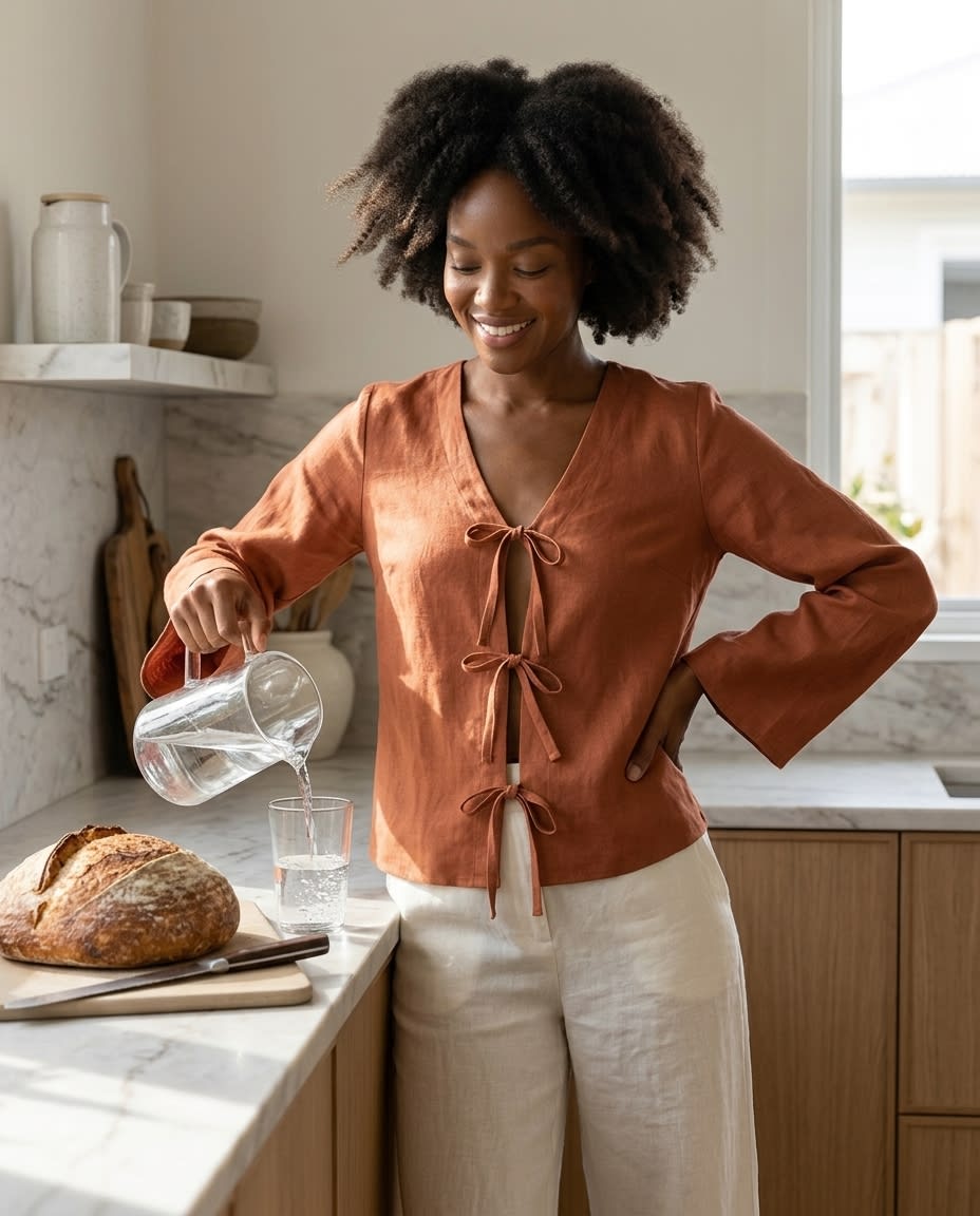 Tie-Front Linen Blouse with Flared Sleeves