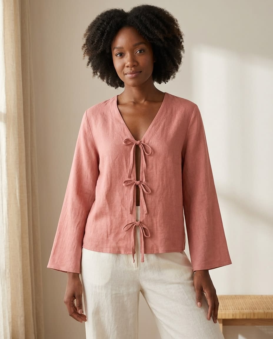 Tie-Front Linen Blouse with Flared Sleeves