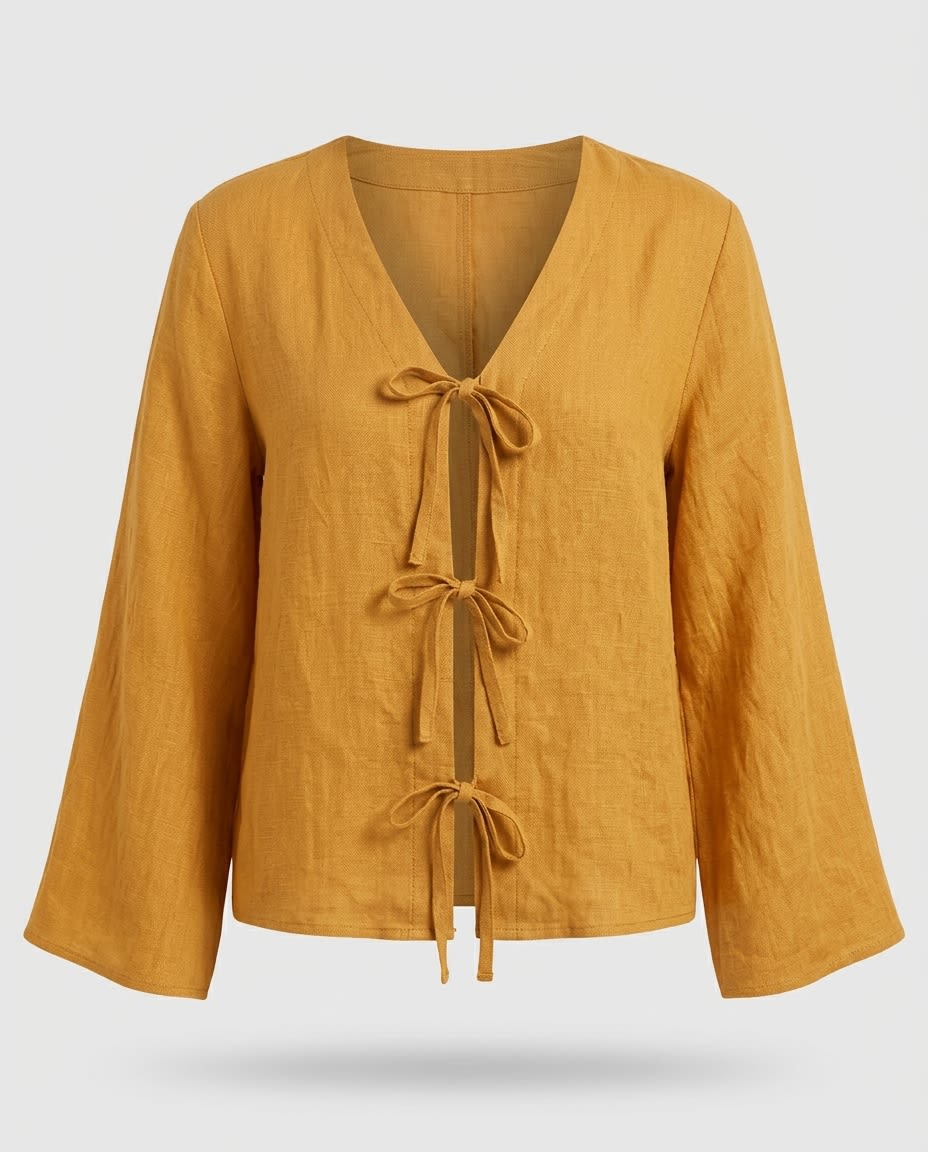Tie-Front Linen Blouse with Flared Sleeves